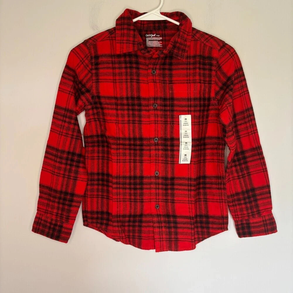 CAT & JACK NEW Long Sleeve Button Up Shirt Boys M (8) Red Plaid Pocket Flannel